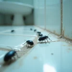 Gros plan macro d'insectes noirs sur les joints humides de carrelage de salle de bain