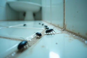 Gros plan macro d'insectes noirs sur les joints humides de carrelage de salle de bain