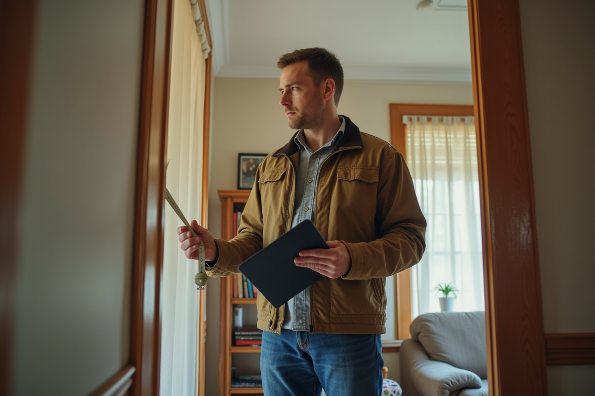Inspecteur immobilier examinant une pièce ancienne intérieure