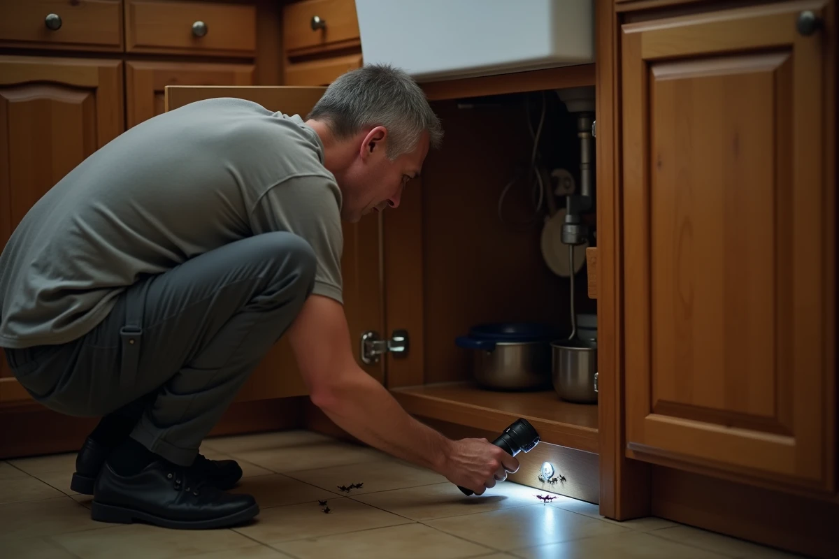 Homme inspectant sous l'évier de cuisine pour détecter des insectes noirs liés à l'humidité