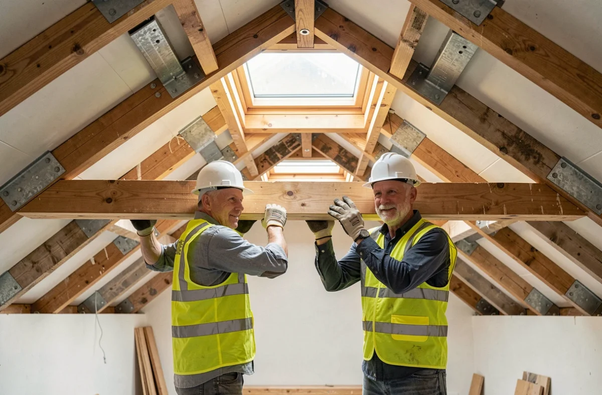 Deux ouvriers installant un chevêtre en bois dans une ouverture de fermettes industrielles pour fenêtre de toit Velux 78x98