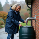 Femme installant un tonneau de pluie devant une maison