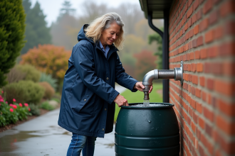 Femme installant un tonneau de pluie devant une maison
