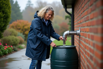 Femme installant un tonneau de pluie devant une maison