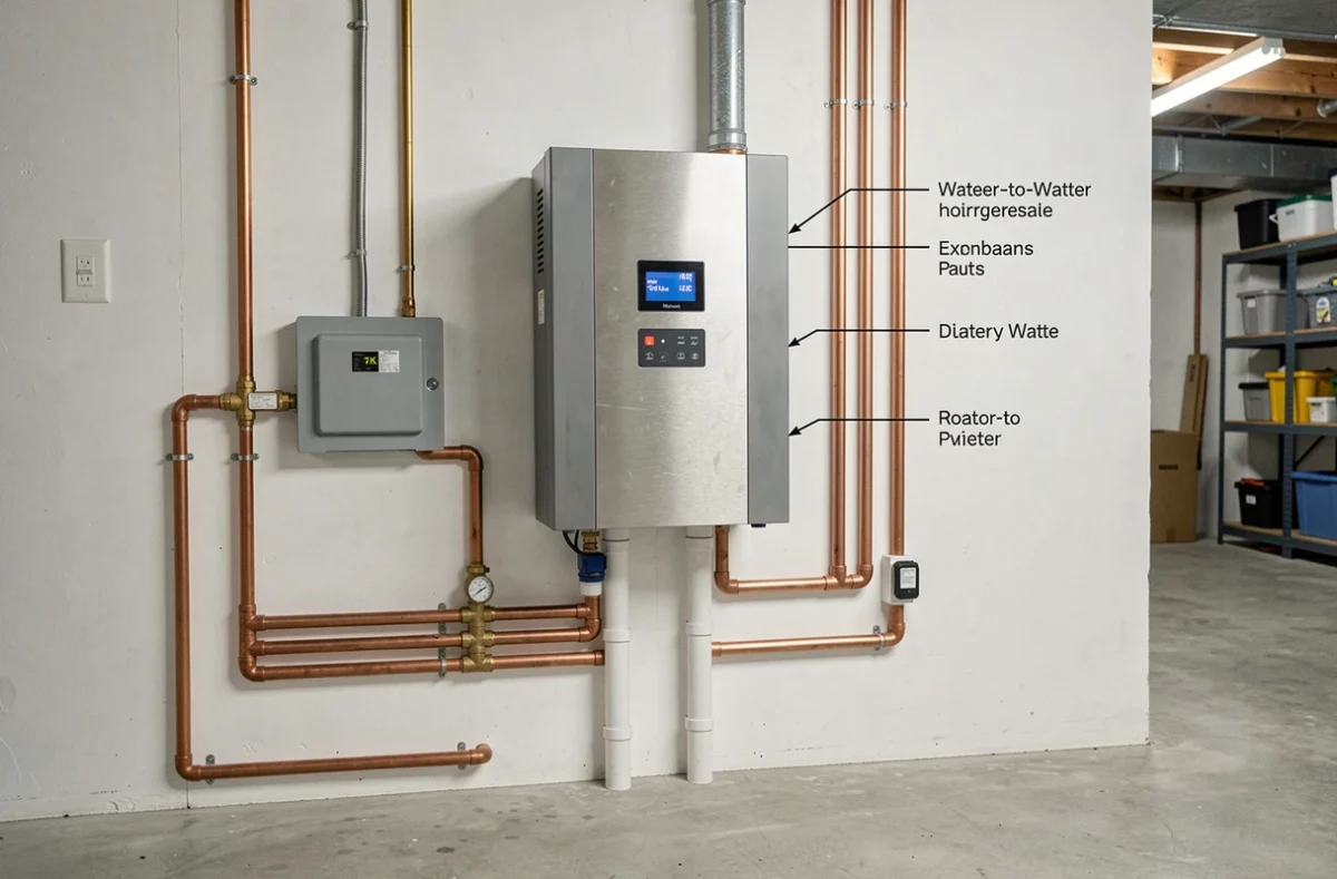 Installation complète d'une pompe à chaleur eau-eau dans un sous-sol résidentiel avec tuyauterie apparente