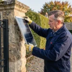 Électricien installant un panneau solaire sur le pilier d'un portail en fer forgé dans une propriété résidentielle