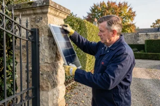 Électricien installant un panneau solaire sur le pilier d'un portail en fer forgé dans une propriété résidentielle