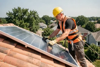 Technicien installant un panneau solaire sur un toit en tuiles avec harnais de sécurité
