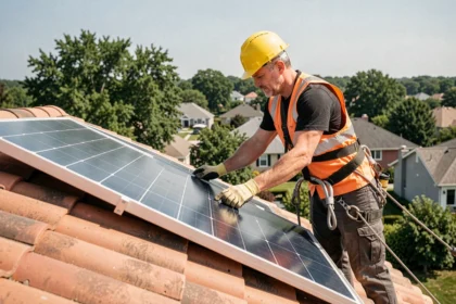 Technicien installant un panneau solaire sur un toit en tuiles avec harnais de sécurité