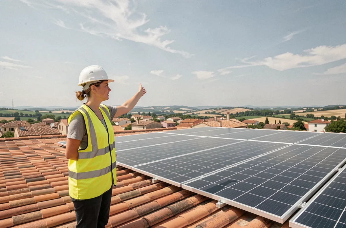 Ingénieure supervisant l'installation de panneaux solaires français sur un toit en Provence