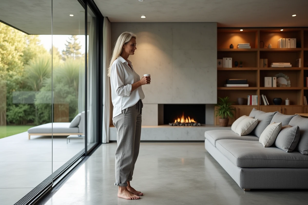 Intérieur de villa moderne avec salon ouvert, baie vitrée et finitions haut de gamme en béton et pierre