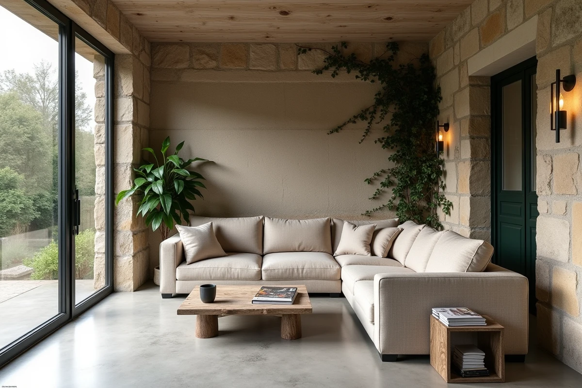 Intérieur d'une véranda 40m2 aménagée dans une maison ancienne avec mur en pierre apparente et sol béton ciré