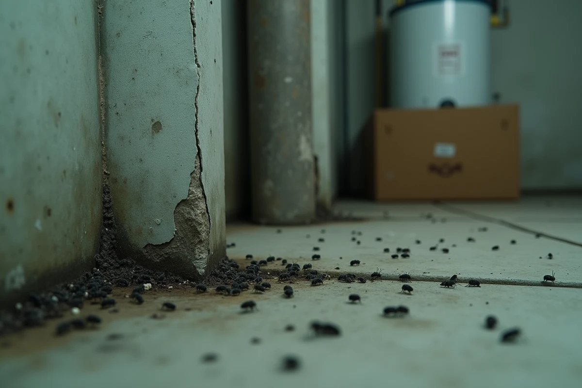 Insectes noirs envahissant un angle humide de cave avec fissures et moisissures sur béton