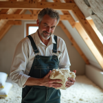 Installateur d'isolation en travaux dans un grenier moderne