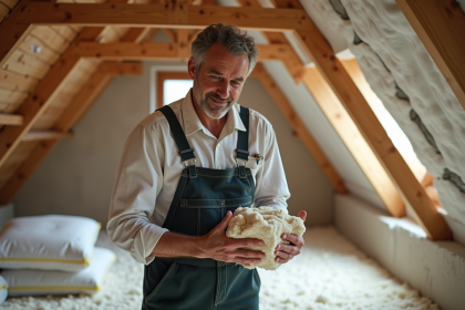 Installateur d'isolation en travaux dans un grenier moderne
