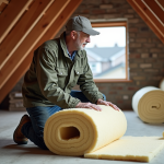 Homme en tenue casual tenant de la laine mineral dans un grenier