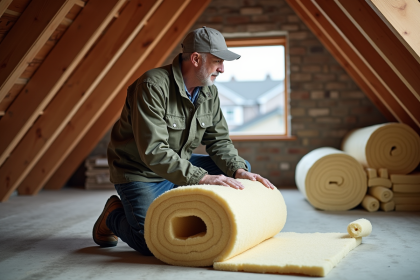 Homme en tenue casual tenant de la laine mineral dans un grenier