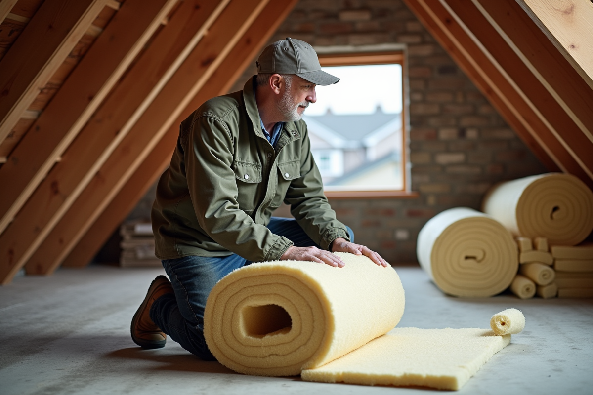 Homme en tenue casual tenant de la laine mineral dans un grenier