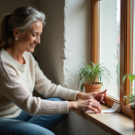 Femme appliquant bande isolante sur une fenêtre