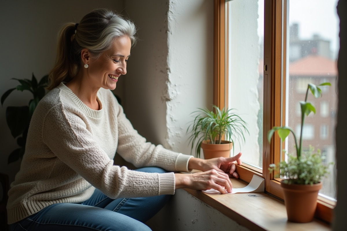 Femme appliquant bande isolante sur une fenêtre