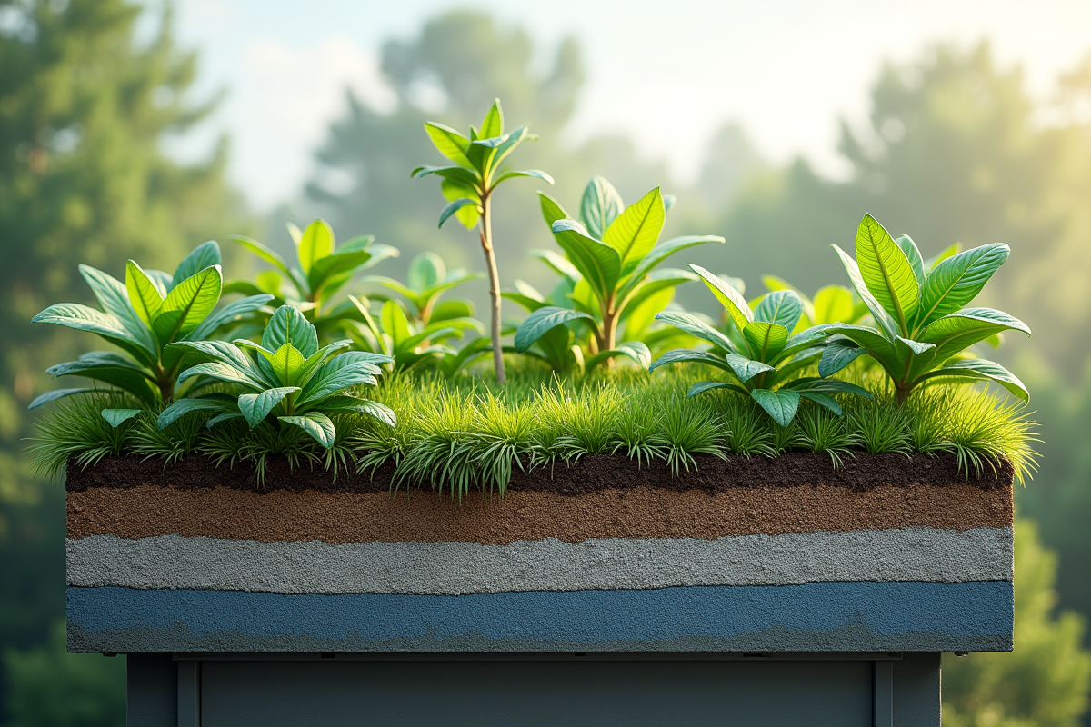 Jardin sur le toit avec isolation et drainage visible