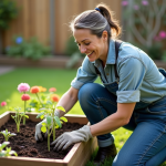 Femme en jardinage plantant des jeunes légumes dans un jardin