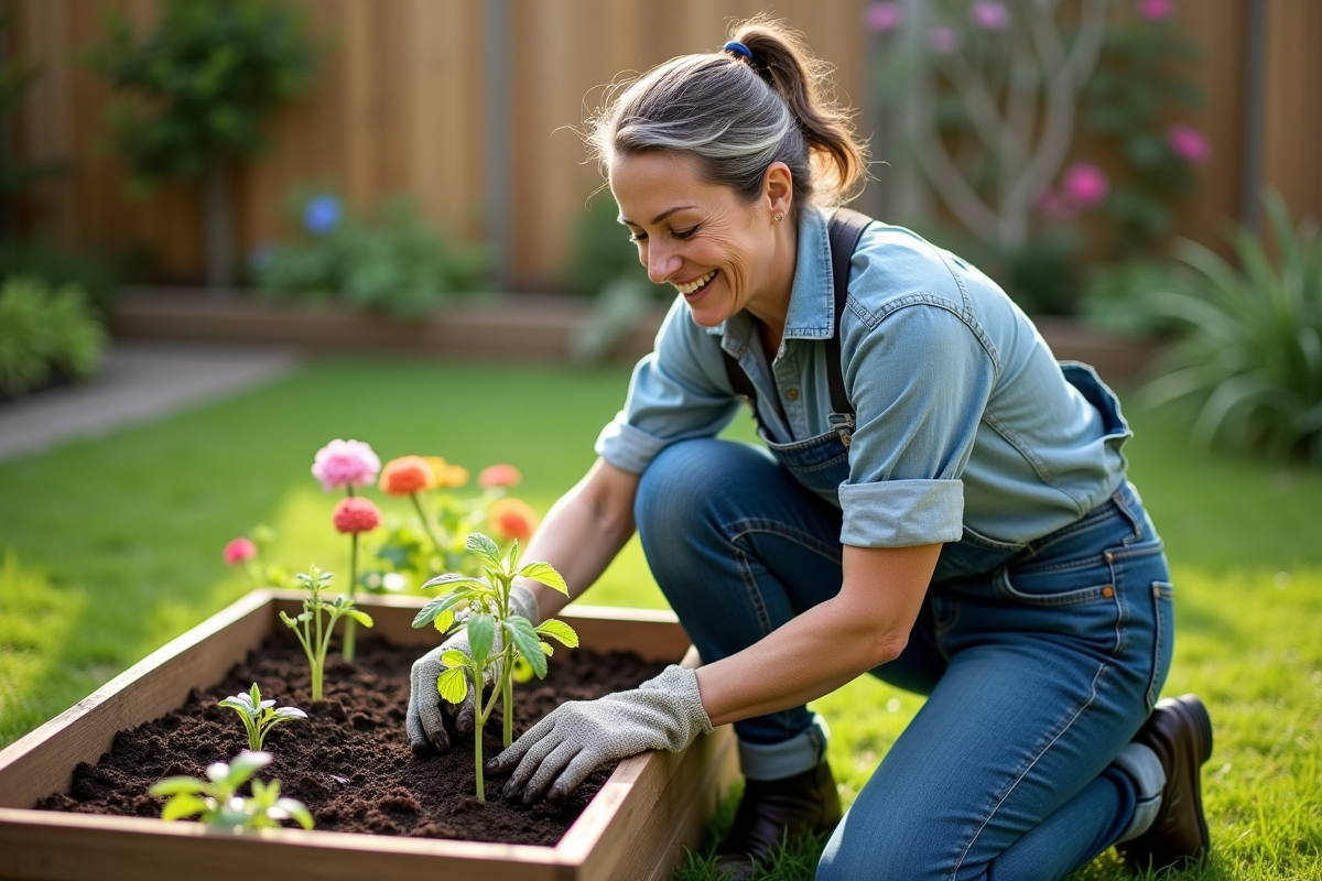Femme en jardinage plantant des jeunes légumes dans un jardin