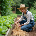 Femme en jardinage appliquant du paillis sur des herbes