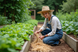 Femme en jardinage appliquant du paillis sur des herbes