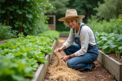 Femme en jardinage appliquant du paillis sur des herbes