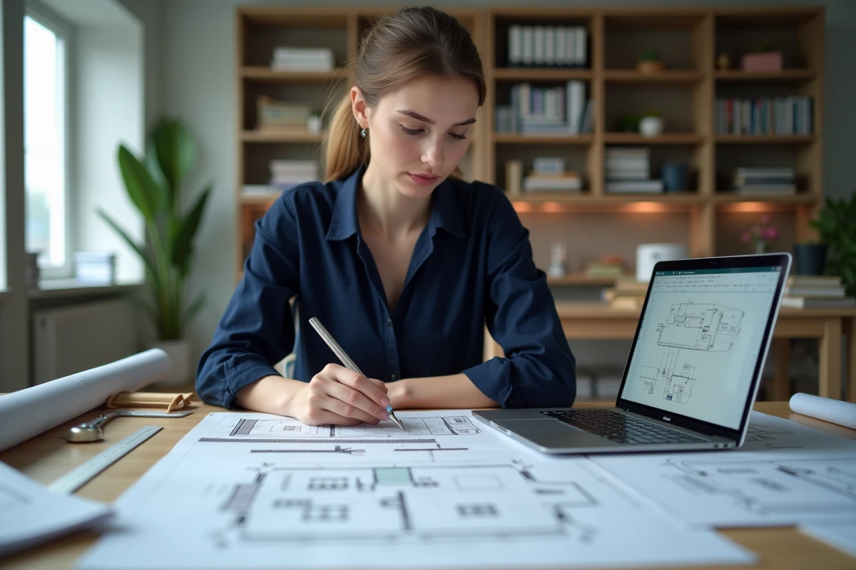 Jeune femme architecte dessinant plans dans bureau moderne