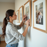 Jeune femme arrangeant des cadres dans un salon cosy