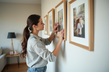 Jeune femme arrangeant des cadres dans un salon cosy