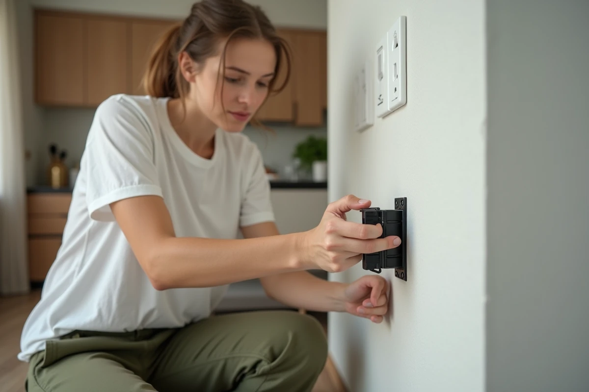 Jeune femme installant une prise électrique dans un appartement moderne