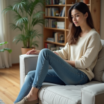 Jeune femme assise sur un canapé moderne dans un salon lumineux