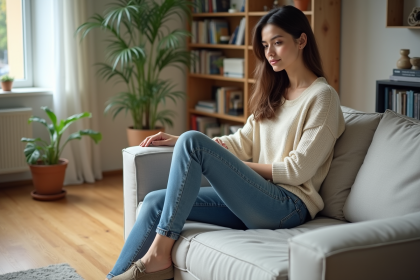 Jeune femme assise sur un canapé moderne dans un salon lumineux