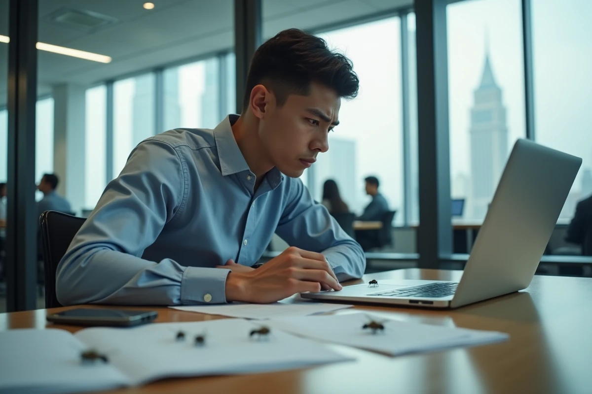 Jeune homme au bureau regardant des mouches sur un document