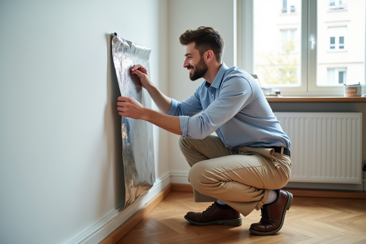 Jeune homme posant isolation derrière un radiateur