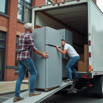Jeune homme déplaçant un réfrigérateur dans un camion de déménagement