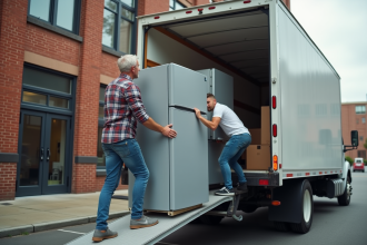 Jeune homme déplaçant un réfrigérateur dans un camion de déménagement