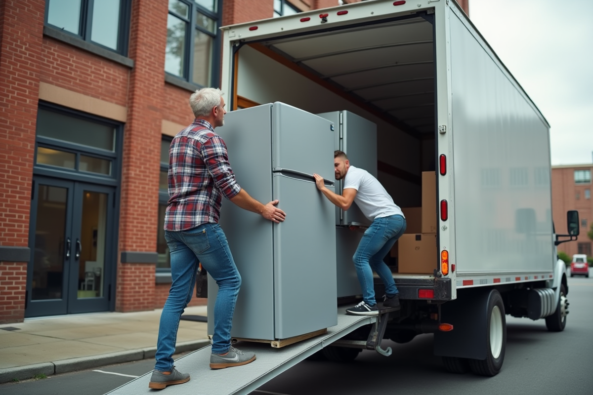 Jeune homme déplaçant un réfrigérateur dans un camion de déménagement