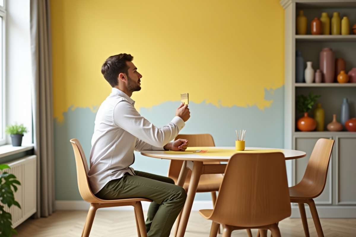 Jeune homme peignant un mur dans une salle à manger lumineuse