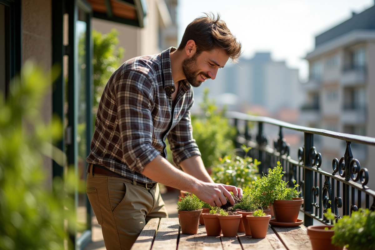 Jeune homme plantant des herbes sur un balcon urbain