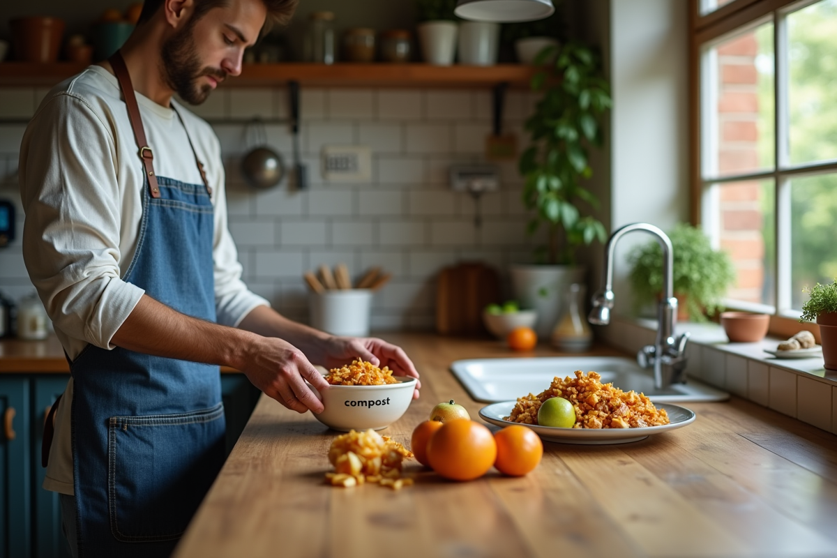 Jeune homme triant des déchets de fruits dans la cuisine