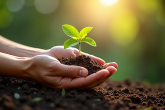 Jeune plante verte dans la terre riche symbolisant l'espoir écologique