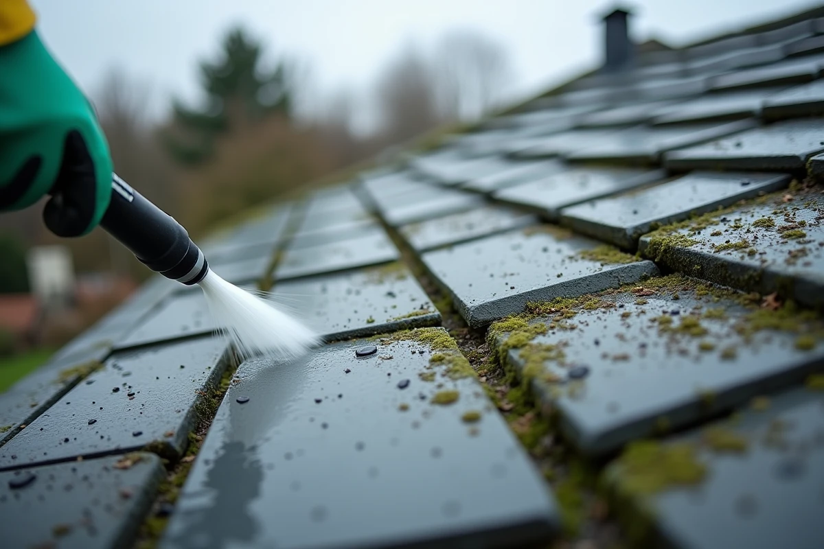 Gros plan sur des tuiles de toiture en cours de nettoyage au karcher montrant le contraste entre zones propres et zones couvertes de mousse et lichens