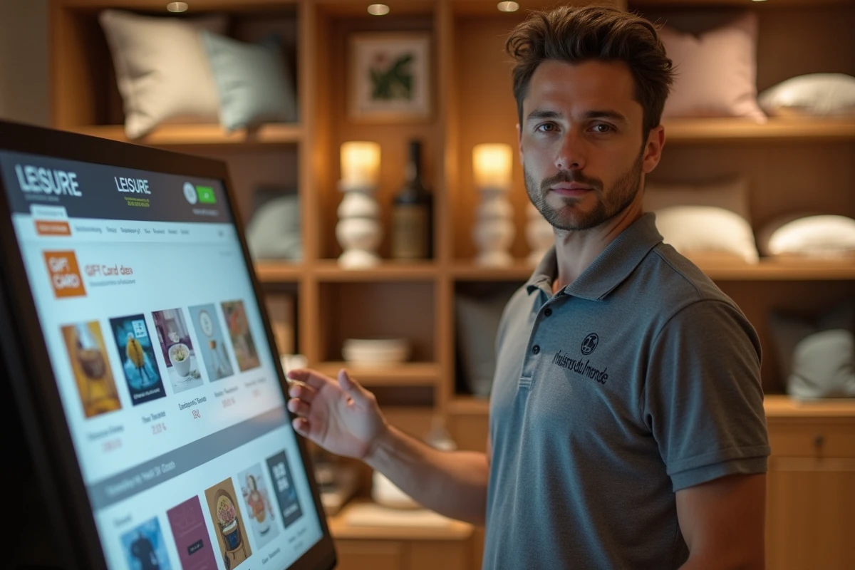 Employé Maisons du Monde devant un kiosque numérique affichant les offres loisirs du CSE
