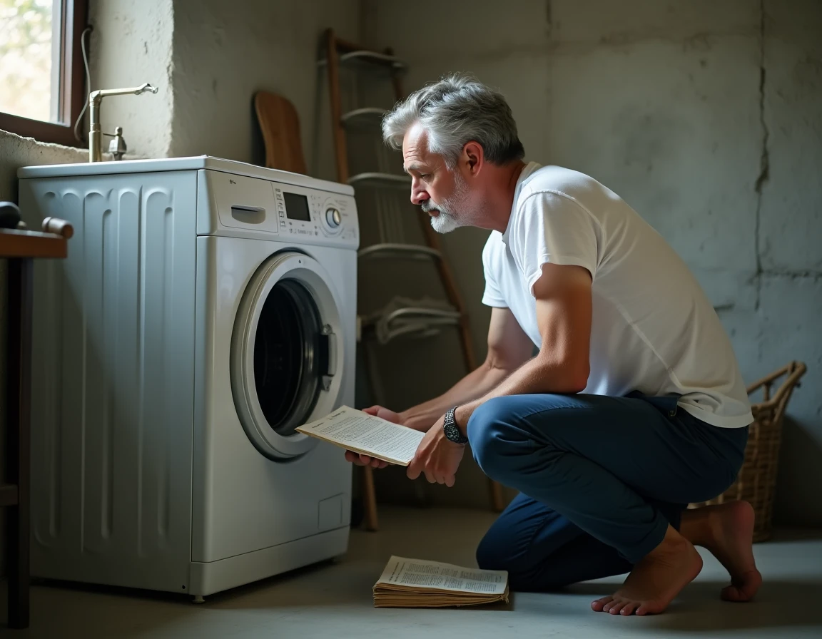 Homme consultant le manuel d'utilisation d'un vieux lave-linge à chargement par le haut