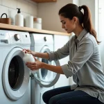 Femme versant de la lessive liquide dans le bon compartiment d'un lave-linge frontal moderne