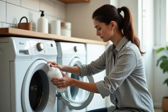 Femme versant de la lessive liquide dans le bon compartiment d'un lave-linge frontal moderne